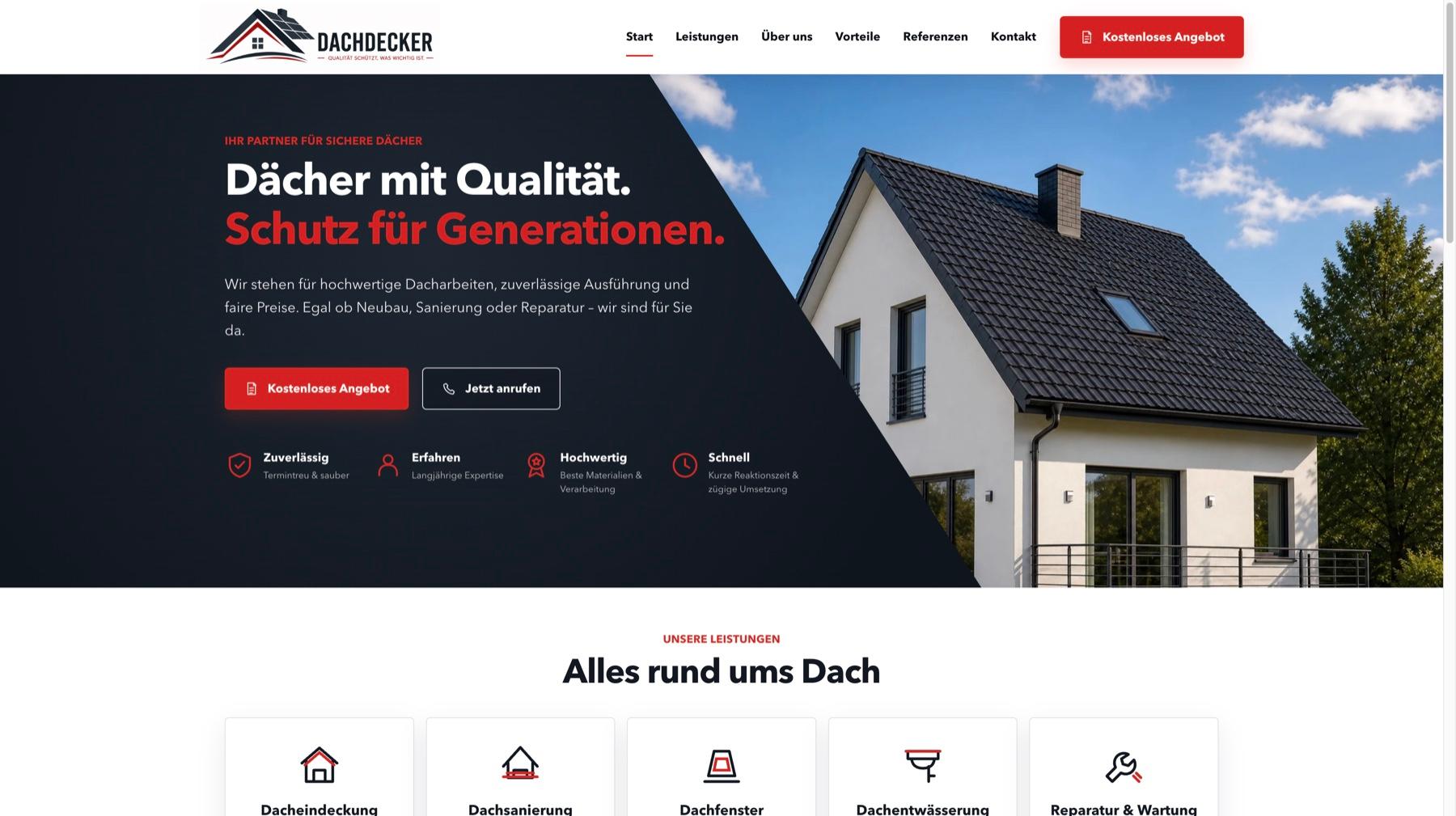 Unternehmenswebsite für einen modernen Dachdeckerbetrieb