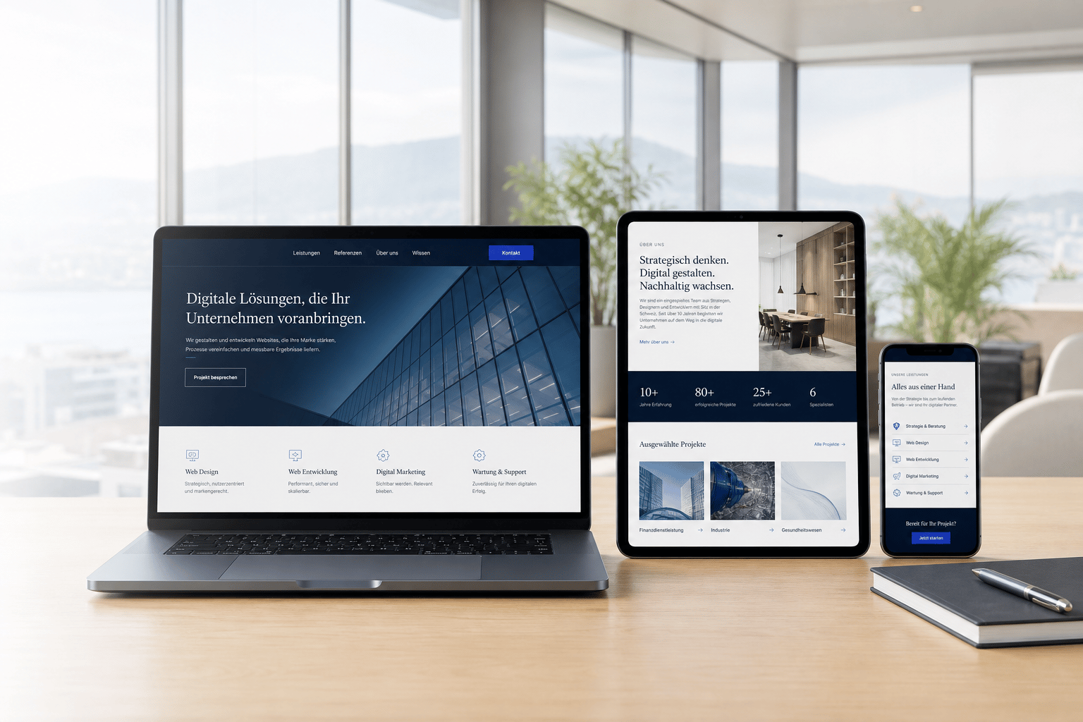 Laptop, Tablet und Smartphone mit individuellen Website-Referenzen in einem modernen Schweizer Büro